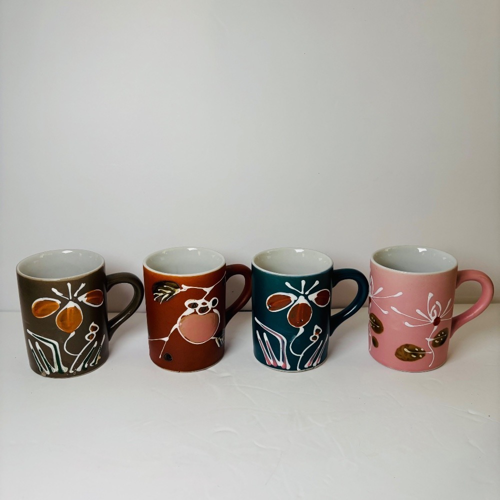 MCM Stoneware Hand Painted Mug‎ Set of 4 Japan 70's Stylecraft  Flower Retro